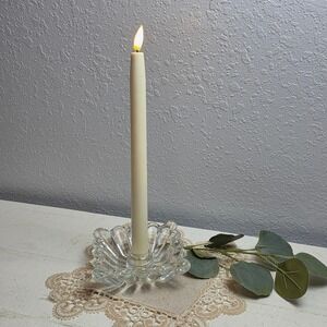 Vintage Heavy Clear Glass Scalloped Taper Candle Holder Starburst Petal Dish